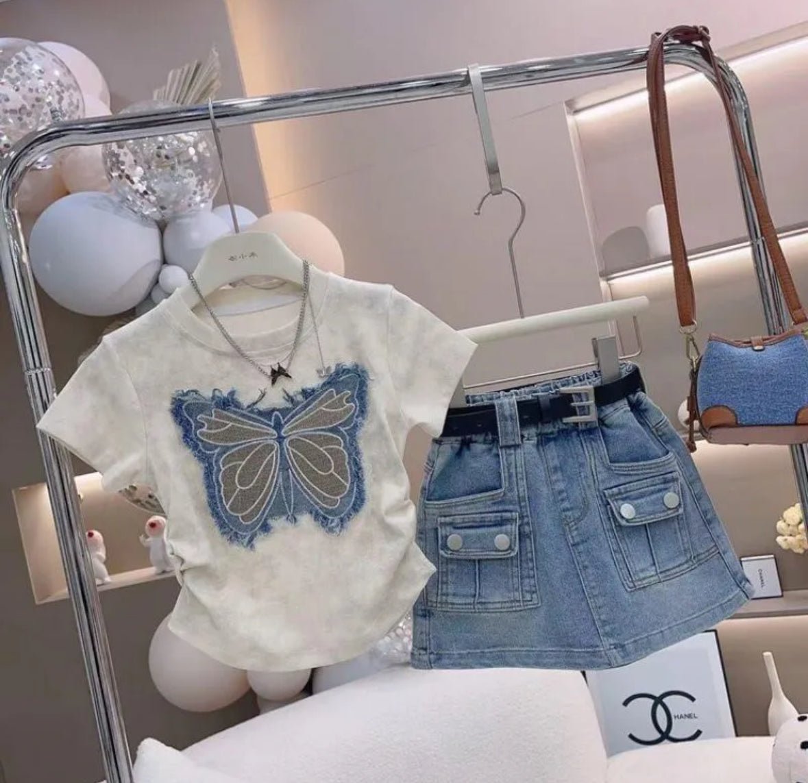 Girls Fashion Two Piece Denim Skirt Set